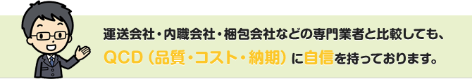 運送会社・内職会社・梱包会社などの専門業者と比較しても、QCD（品質・コスト・納期）に自信を持っております。