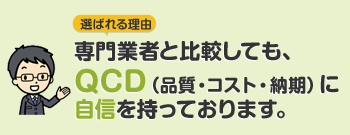 運送会社・内職会社・梱包会社などの専門業者と比較しても、QCD（品質・コスト・納期）に自信を持っております。